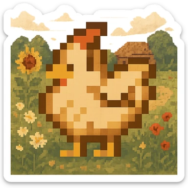 Using a transparent background, re-imagine this pixelated chicken in a cottage core setting sticker