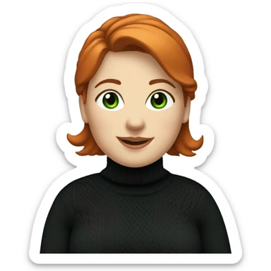 smiling red haired chubby female with green eyes dressed in white turtleneck and black sweater sticker