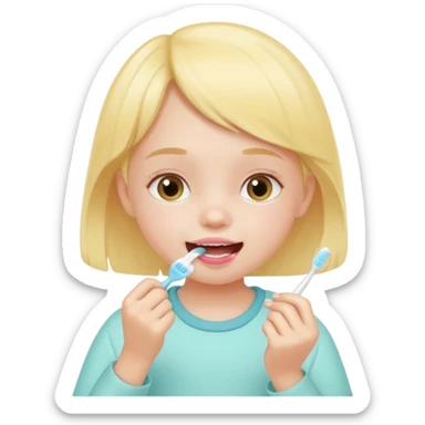 little girl brushing her teeth, pastel portrait, bright nourishing morning atmosphere, soft focus sticker