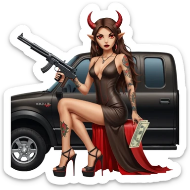 Lilith model red eye sexy black  devil horns.  long brown haired sexy succubus woman with leather long dress slit, sitting in Big Large F350 pickup truck. Black Platform high heels on feet. Tattoo sleeve arms, dead human skull of her ex skull is on top of stack of cash and a gun in  hand sticker