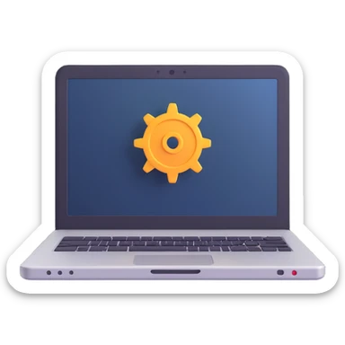 3D style icon of computer settings, a laptop with a gear overlay, vibrant and glossy sticker