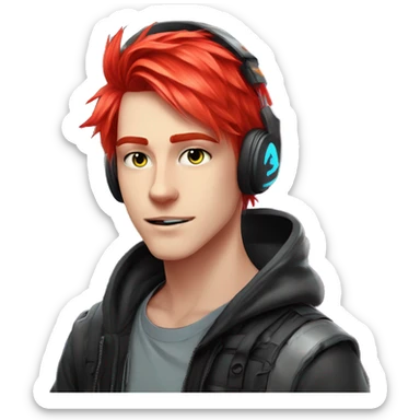 Anime cat gamer guy cyberpunk neon red hair sticker