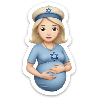 Pregnant Jewish person facing left with hands on belly, wearing a kippah and Star of David necklace sticker