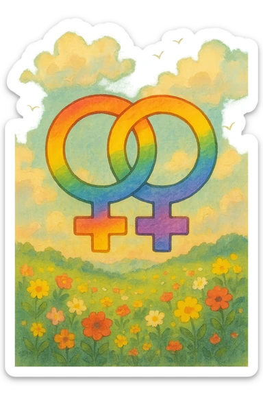 gay pride emoji with two interlocked female symbols in rainbow gradient, gentle and warm, ghibli style sticker