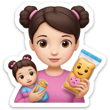 Cute small Toddler emoji with two small buns dark brown hair, fair skin, in pink top, holding toddler snacks & doll sticker
