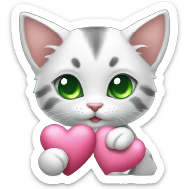Super cute kitten with green anime eyes holding hearts sticker