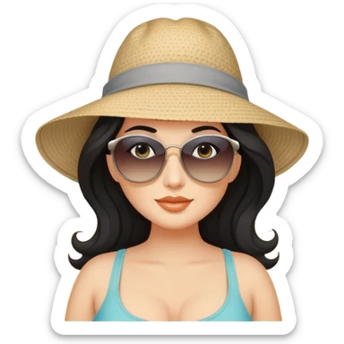 beautiful curvy woman with fair skin, long wavy black hair, and gray eyes at the beach sticker