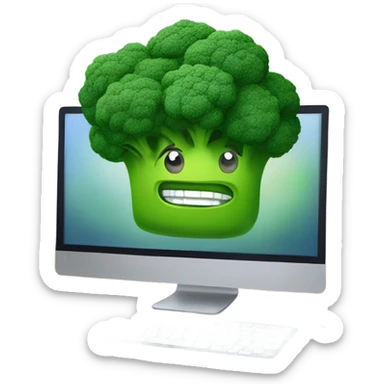 Generate a creative broccoli emoji sitting in front of a computer with a stylus, designing something on a screen. sticker
