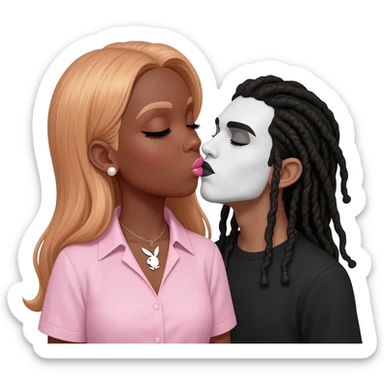 Bimbo, pearl earrings stud, Light pink cute lips, long middle part with long light ginger hair, dark brown skin, playboy necklace with lashes, light pink shirt, kissing the goth black girl and guy with dreadlocks with white paint on face sticker
