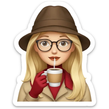 long hair blonde woman drink coffe with hat and glasses sticker
