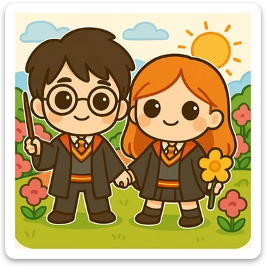Create an image of Harry Potter and Gina Weasley in chibi style, based on the reference images. Place them in a colorful scenario with simple line art and vibrant background colors, maintaining the chibi stickers style's playful and cute aesthetic. sticker