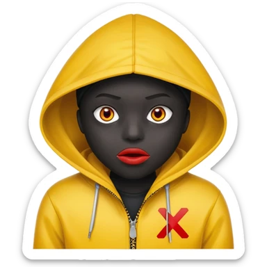 Has un personaje con chaqueta amarilla y que tenga la capucha puesta que tenga ojos de x de color rojo una línea de boca de color blanco y que su piel sea de color negro lápiz  sticker