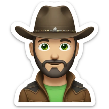 Caucasian male with green eyes, a dark beard dressed as a cowboy with short hair sticker