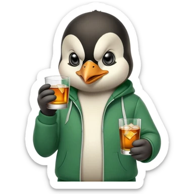 head and shoulders portrait of a friendly anthropomorphised penguin wearing a green mafia-style tracksuit, angry confident scheming expression, holding a glass of whiskey sticker