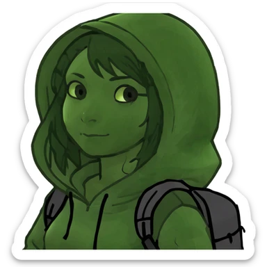 Girl with black hair wearing a hoodie sticker