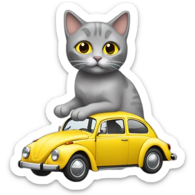Grey cat sitting on yellow volkswagen beetle sticker