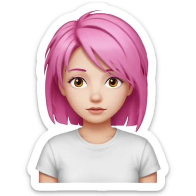 a woman with layered pink hair, wearing white t-shirt sticker