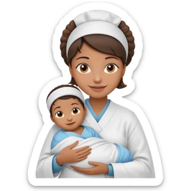 Female nurse smiling with a small hair roll on top of head with medium brown skin and brown eyes holding one new born  sticker