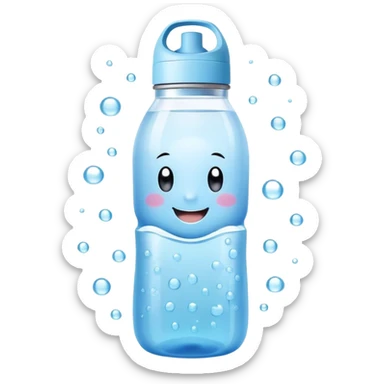 Cute Kawaii Water Bottle, round and bubbly, soft blue with tiny water droplets around, a happy smiling face, gentle glowing highlights, fresh and refreshing vibes! sticker