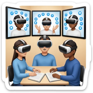 Birdseye view of large study space with students working separately add students wearing Virtual reality headsets sticker