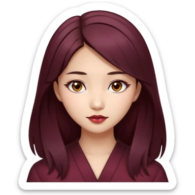 asian girl, long dark burgundy brown hair, hazel brown eyes, half lidded eyes, wolfcut hairstyle sticker