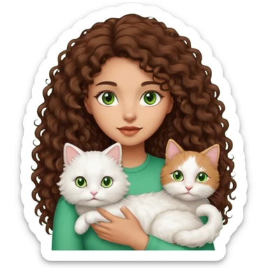 Woman light brown skin long dark curly hair, green eyes, with a cat sticker