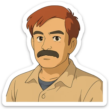 asian man with black mustache and red hair, 90's anime style portrait, ghibli style sticker