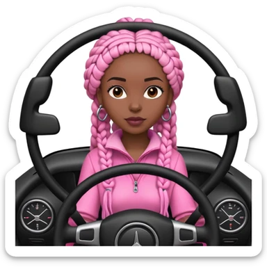 A dark-skinned Black woman with black box braids, hands on the steering wheel, looking ahead. Pink car sticker