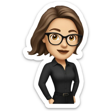 50 years old
long brown hair with straight styling
light skin
glasses with refined frame
Brown almond eyes with cat eye liner
black silk shirt with long sleeves sticker