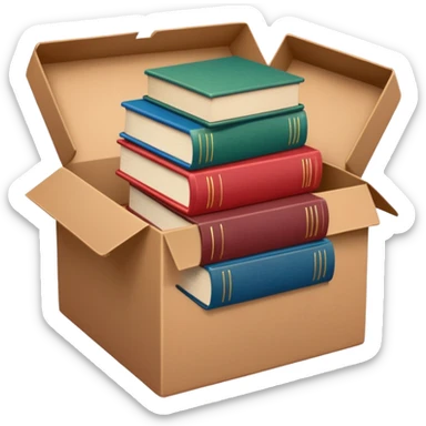 
An open brown cardboard box with softly rounded edges, filled with a small stack of colorful hardcover books (muted red, blue, and green). sticker
