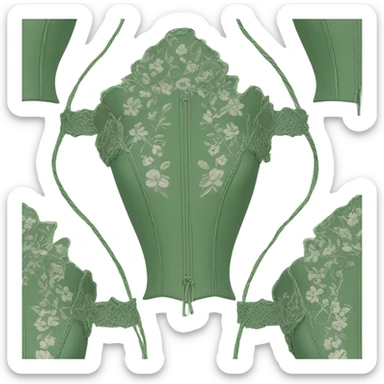 Sage green corset with flower embroidery, isolated sticker
