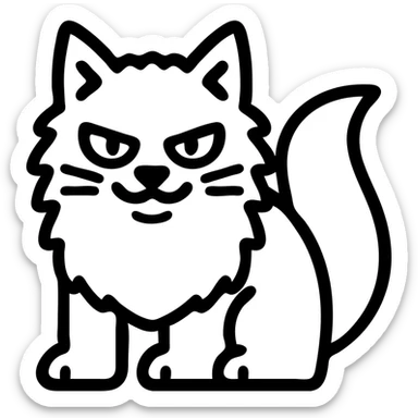 grey fluffy mischievous cat with green eyes, outlined icon style sticker
