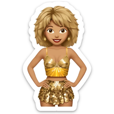 Tina Turner with gold sequin baggy bra, gold sequin skirt sticker