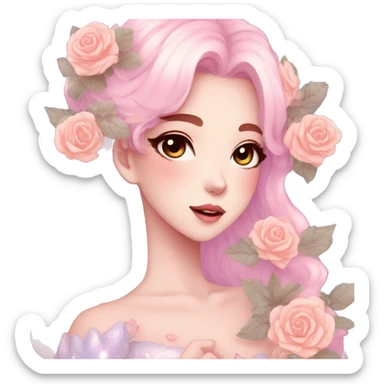 Gorgeous pastel anime style lady with blushing face and roses leaves glitter sparkle aesthetic trending style sticker