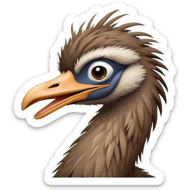 Cinematic Cute Yawning Emu Portrait Emoji, Head tilted slightly with a dramatic, wide-open yawn, showcasing a soft, downy brown plumage with gently drooping feathers and eyes barely open in drowsy contentment, Simplified yet irresistibly adorable features, highly detailed, glowing with a soft, cozy glow, high shine, relaxed yet expressive, stylized with a touch of outback charm, bright and endearing, soft glowing outline, capturing the essence of a sleepy yet affectionate emu, so drowsy it feels like it could stretch out of the screen and curl up for a nap! sticker