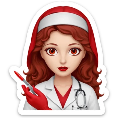 Lilith scalpel in hand, evil surgeon sexy surgeon clothes.  She has red eyes. She brown long curly hair. Wears sexy doctor outfit with red gloves. Wears red burka to hide her identity sticker