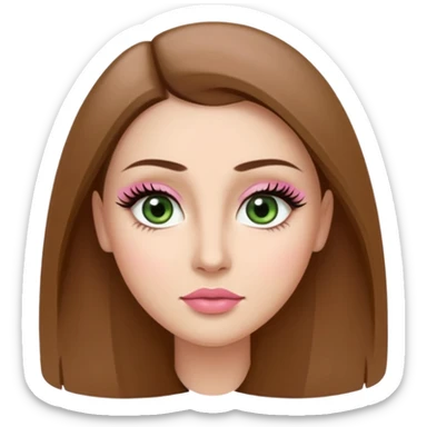 Adult woman avatar, light skin tone, oval face, long straight brown hair, green almond-shaped eyes with dramatic eyelashes and minimal eyeliner, neutral mouth, medium straight eyebrows, small nose, natural pink lips, smooth skin with light natural blush sticker