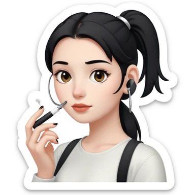 a girl with a black ponytail, white skin, brown eyes, airpods in the ears and with an electronic cigarette in the hand sticker