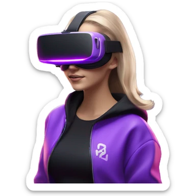 Russian girl wearing black hoody with violet letters "OMG", in vr headset oculus quest2. Dancing. Cyberpunk style. Violet neon. sticker