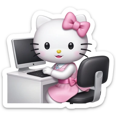Hello Kitty working at office desk with computer sticker