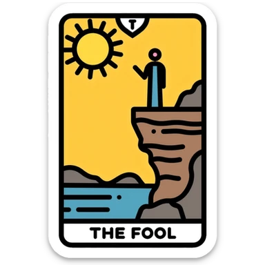 The Fool tarot card with sun in corner and figure near cliff sticker