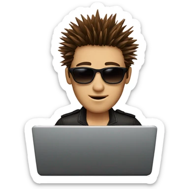 Person with spiky brown hair and sunglasses behind a laptop sticker