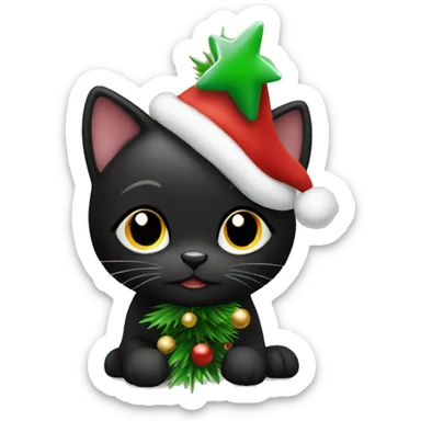 cute black cat with christmas tree sticker
