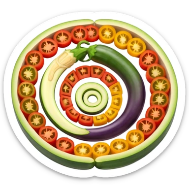 ratatouille, fatias de berinjela, abobrinha, tomate e pimentão, arrumadas em espiral, cores vivas sticker