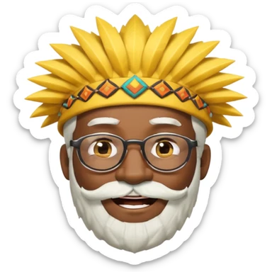 50 year old man, spiky hair, winking one eye, smiling brightly, black skin, raised eyebrows, wearing glasses, white hair and beard, wearing a yellow hat like a tribal chief, emoji style, style 3 sticker