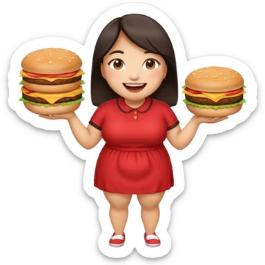 n create a humongous asian girl with 2 burgers and a cookie in her mouth, she is super fat, please make her a full body emoji sticker