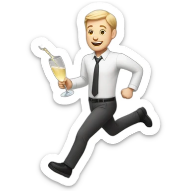 White man with very short hair runs with a carton of champagne sticker