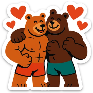 two strong bears as a couple, hearts in the background, smiling, colorful and friendly sticker