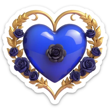 3D emoji gothic heart, midnight blue glass, silver crescent moon, tiny black roses, mysterious and rich sticker