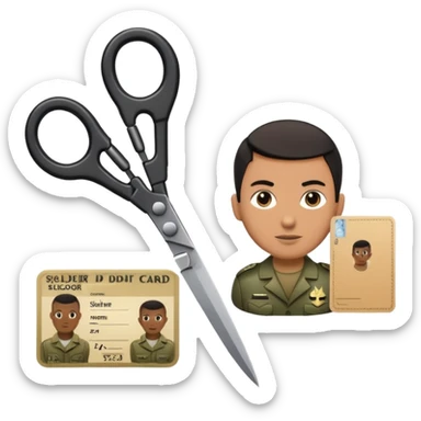 Floating black Scissors cutting an idf soldier ID card in 2 parts .hyper realistic sticker